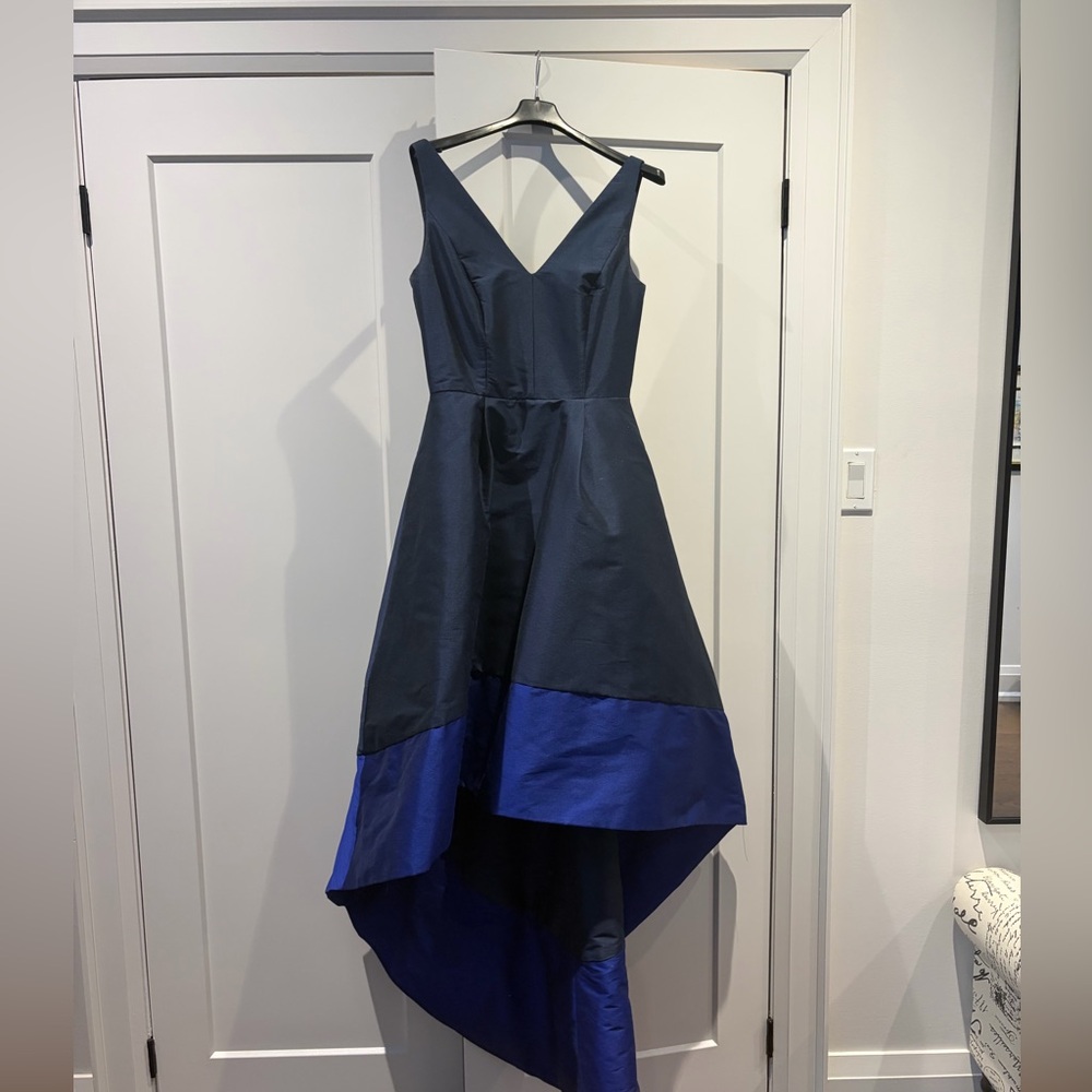Monique Lhuillier Navy Dress with Cobalt Blue Hem - High-Low V-Neck